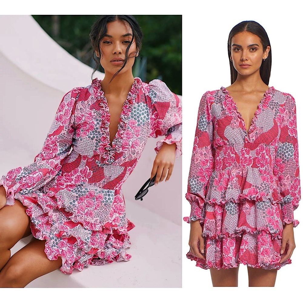 PEIXOTO Floral Patchwork Puff Long Sleeve Smocked Waist‎ Tiered Ruffle Dress S